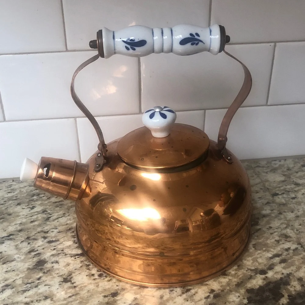 Vintage Copper Whistling Tea Kettle with Ceramic Handle and Knob - Copper